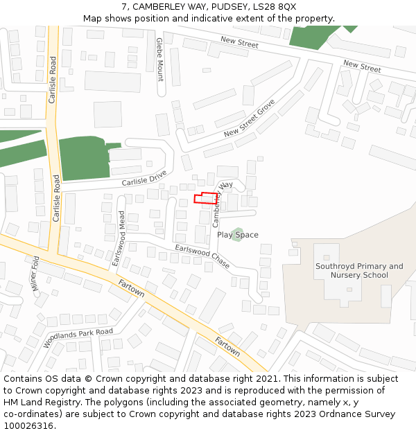 7, CAMBERLEY WAY, PUDSEY, LS28 8QX: Location map and indicative extent of plot