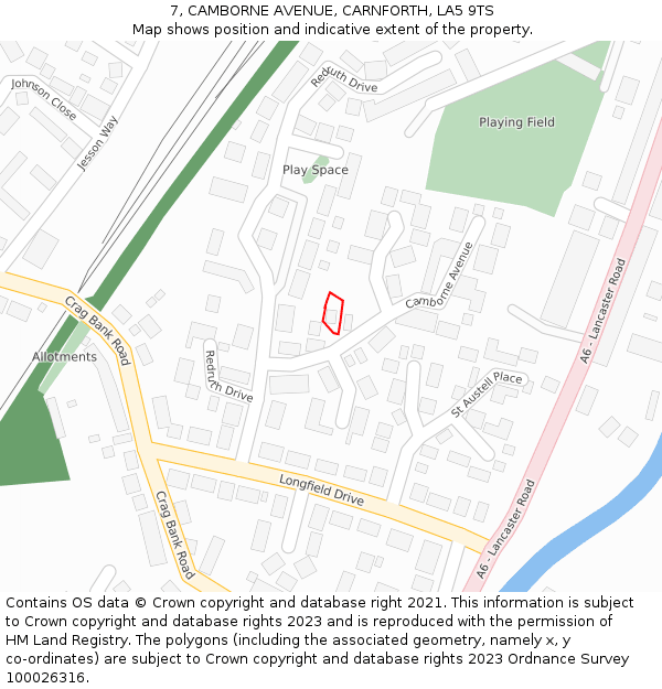 7, CAMBORNE AVENUE, CARNFORTH, LA5 9TS: Location map and indicative extent of plot