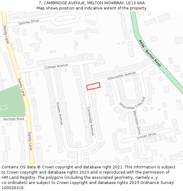 7, CAMBRIDGE AVENUE, MELTON MOWBRAY, LE13 0AA: Location map and indicative extent of plot