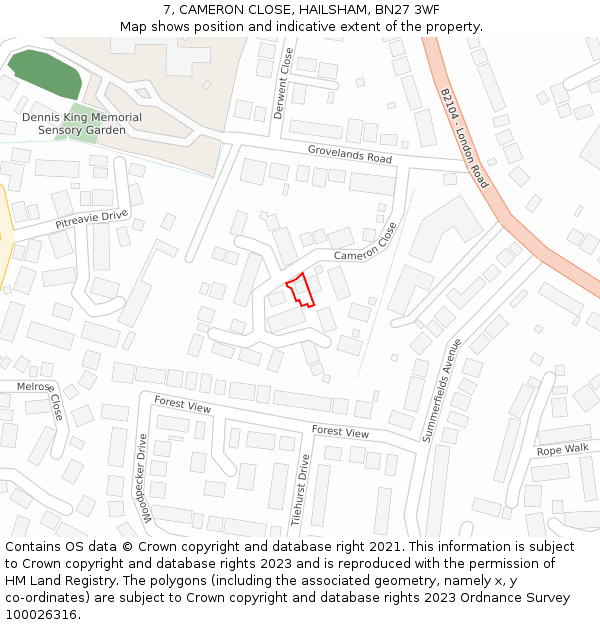 7, CAMERON CLOSE, HAILSHAM, BN27 3WF: Location map and indicative extent of plot
