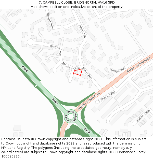 7, CAMPBELL CLOSE, BRIDGNORTH, WV16 5PD: Location map and indicative extent of plot