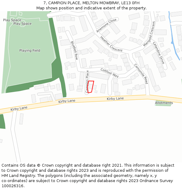 7, CAMPION PLACE, MELTON MOWBRAY, LE13 0FH: Location map and indicative extent of plot