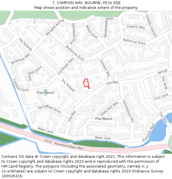 7, CAMPION WAY, BOURNE, PE10 0QE: Location map and indicative extent of plot