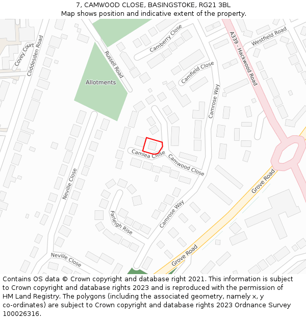 7, CAMWOOD CLOSE, BASINGSTOKE, RG21 3BL: Location map and indicative extent of plot