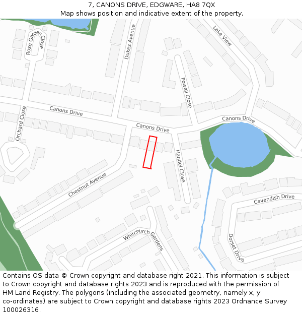 7, CANONS DRIVE, EDGWARE, HA8 7QX: Location map and indicative extent of plot