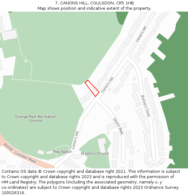 7, CANONS HILL, COULSDON, CR5 1HB: Location map and indicative extent of plot
