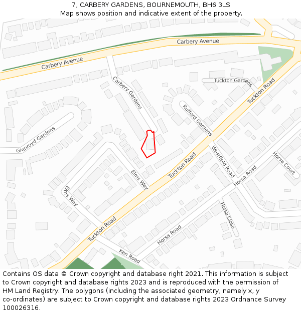 7, CARBERY GARDENS, BOURNEMOUTH, BH6 3LS: Location map and indicative extent of plot