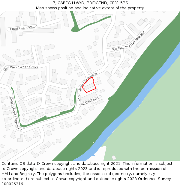 7, CAREG LLWYD, BRIDGEND, CF31 5BS: Location map and indicative extent of plot