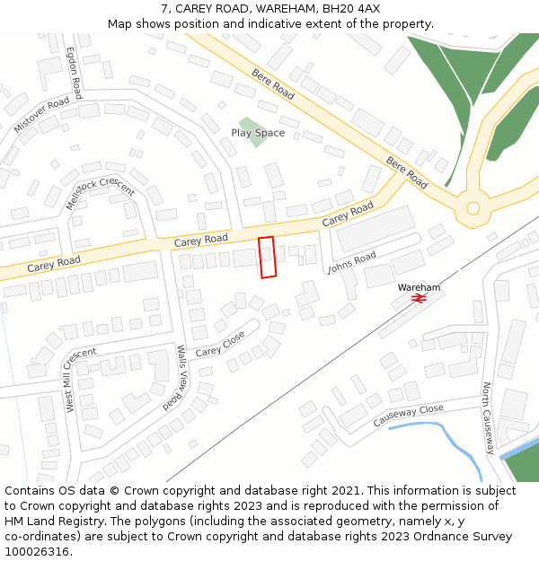 7, CAREY ROAD, WAREHAM, BH20 4AX: Location map and indicative extent of plot