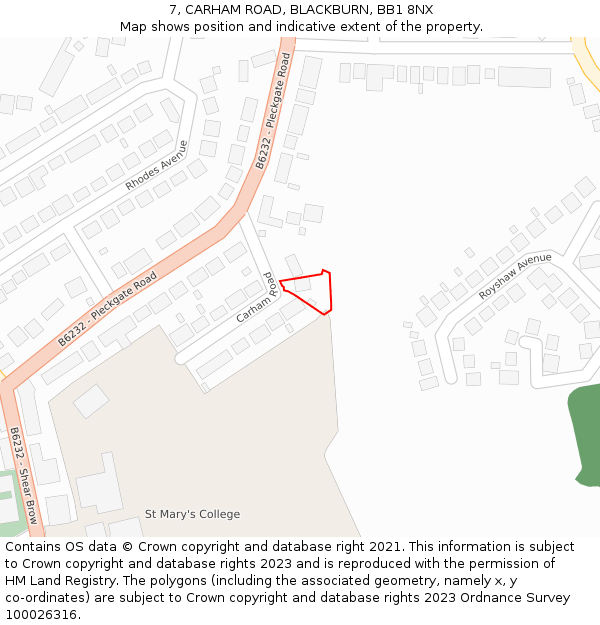 7, CARHAM ROAD, BLACKBURN, BB1 8NX: Location map and indicative extent of plot