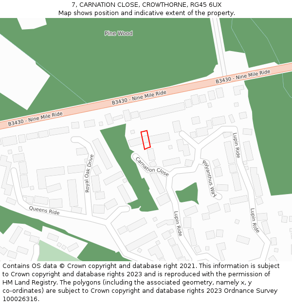 7, CARNATION CLOSE, CROWTHORNE, RG45 6UX: Location map and indicative extent of plot