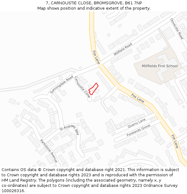 7, CARNOUSTIE CLOSE, BROMSGROVE, B61 7NP: Location map and indicative extent of plot