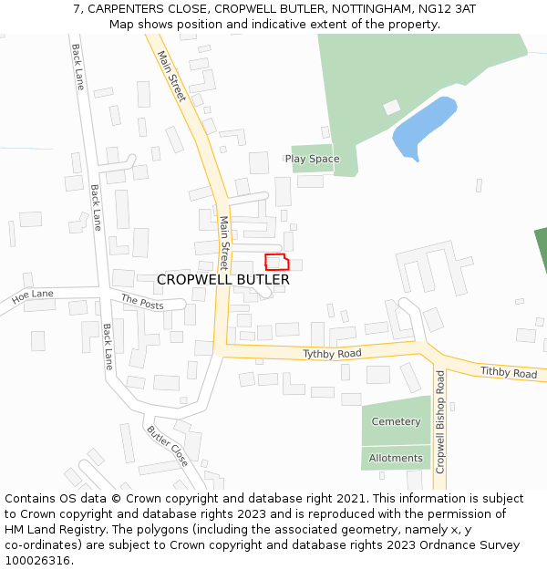 7, CARPENTERS CLOSE, CROPWELL BUTLER, NOTTINGHAM, NG12 3AT: Location map and indicative extent of plot