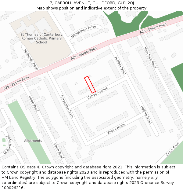 7, CARROLL AVENUE, GUILDFORD, GU1 2QJ: Location map and indicative extent of plot