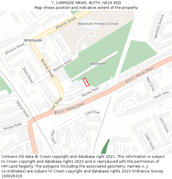 7, CARRSIDE MEWS, BLYTH, NE24 4DD: Location map and indicative extent of plot