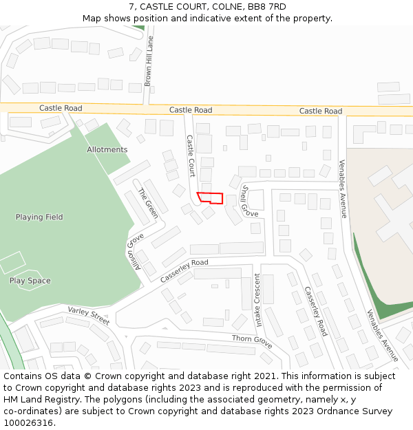 7, CASTLE COURT, COLNE, BB8 7RD: Location map and indicative extent of plot