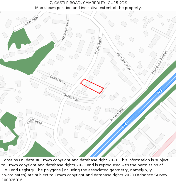 7, CASTLE ROAD, CAMBERLEY, GU15 2DS: Location map and indicative extent of plot