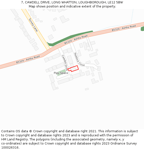 7, CAWDELL DRIVE, LONG WHATTON, LOUGHBOROUGH, LE12 5BW: Location map and indicative extent of plot