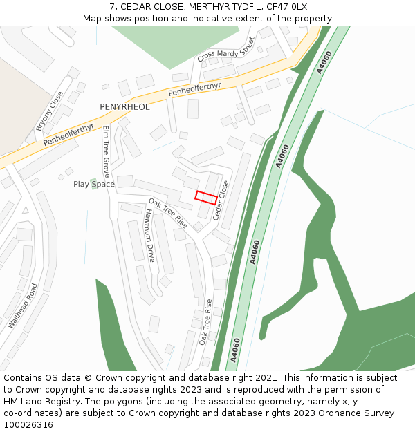 7, CEDAR CLOSE, MERTHYR TYDFIL, CF47 0LX: Location map and indicative extent of plot