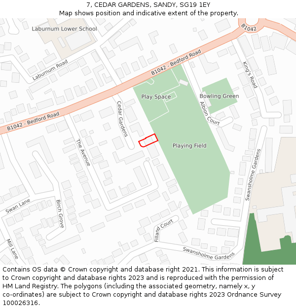 7, CEDAR GARDENS, SANDY, SG19 1EY: Location map and indicative extent of plot