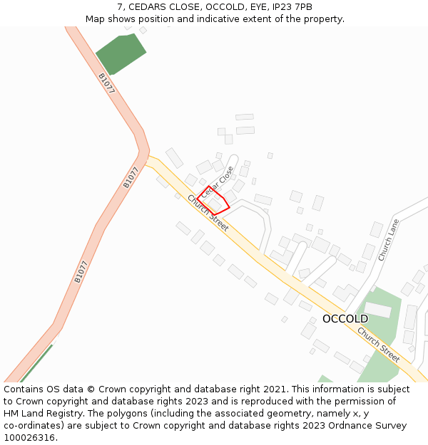 7, CEDARS CLOSE, OCCOLD, EYE, IP23 7PB: Location map and indicative extent of plot