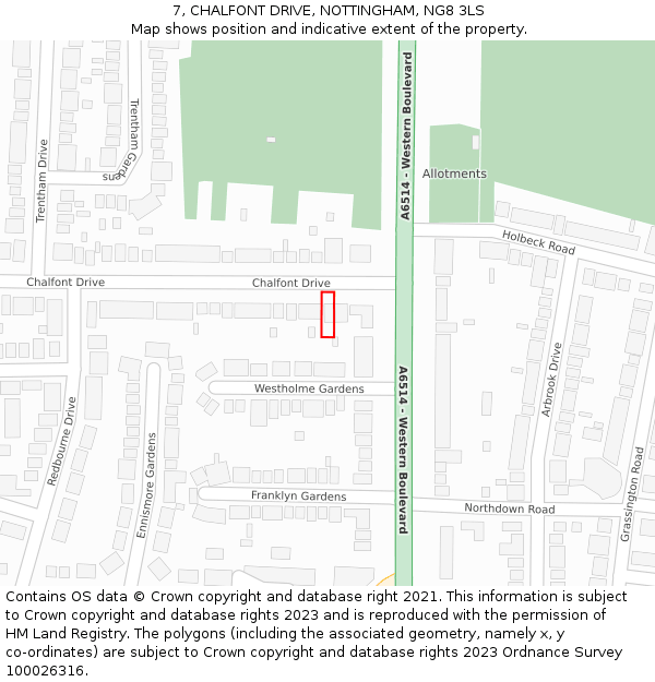 7, CHALFONT DRIVE, NOTTINGHAM, NG8 3LS: Location map and indicative extent of plot