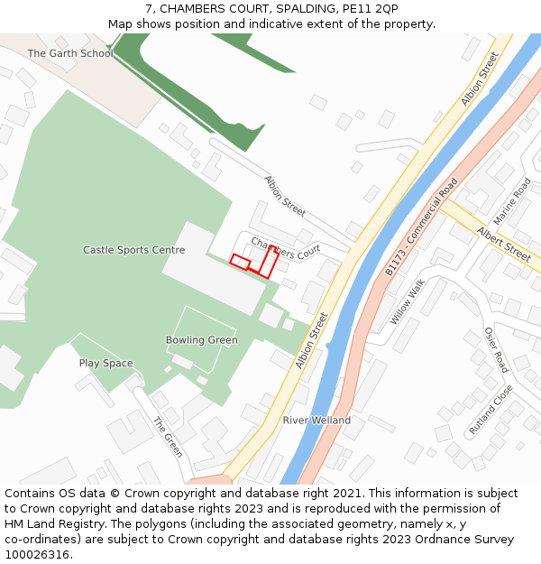 7, CHAMBERS COURT, SPALDING, PE11 2QP: Location map and indicative extent of plot