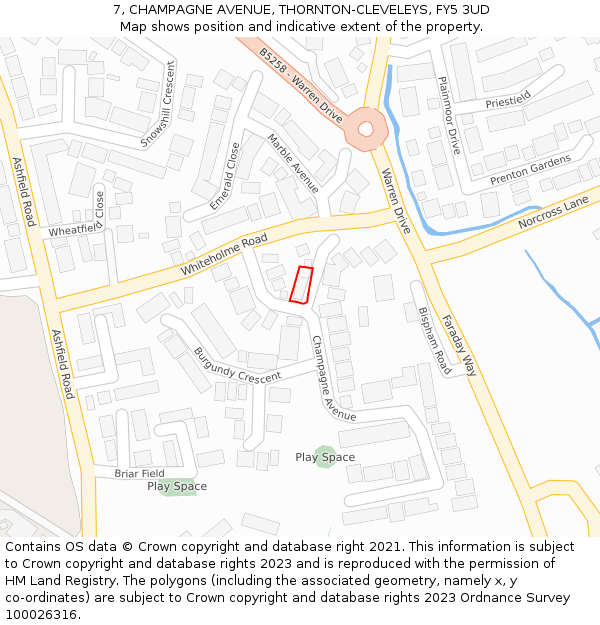 7, CHAMPAGNE AVENUE, THORNTON-CLEVELEYS, FY5 3UD: Location map and indicative extent of plot