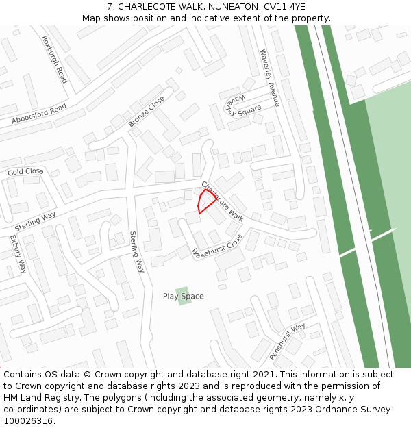 7, CHARLECOTE WALK, NUNEATON, CV11 4YE: Location map and indicative extent of plot