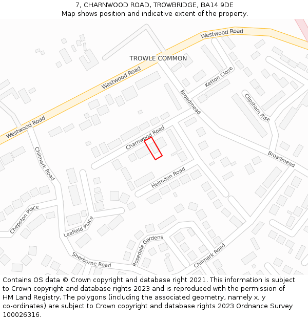 7, CHARNWOOD ROAD, TROWBRIDGE, BA14 9DE: Location map and indicative extent of plot