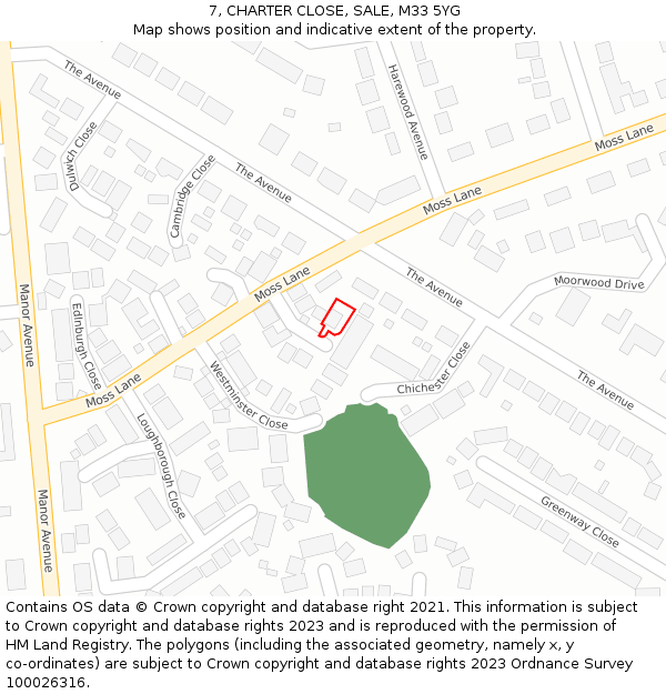 7, CHARTER CLOSE, SALE, M33 5YG: Location map and indicative extent of plot