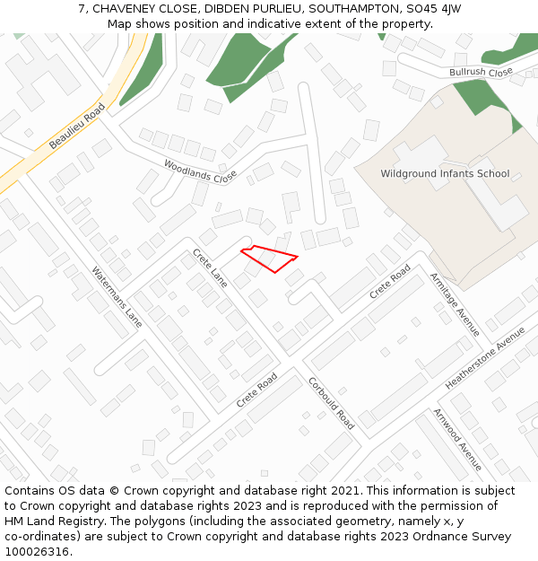 7, CHAVENEY CLOSE, DIBDEN PURLIEU, SOUTHAMPTON, SO45 4JW: Location map and indicative extent of plot