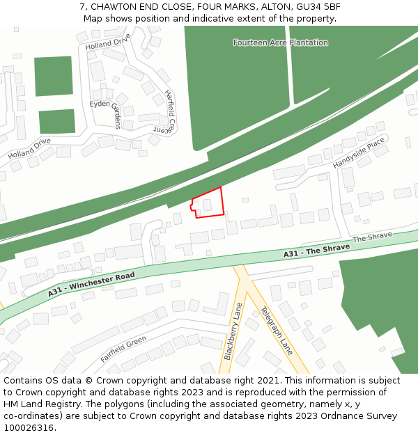 7, CHAWTON END CLOSE, FOUR MARKS, ALTON, GU34 5BF: Location map and indicative extent of plot