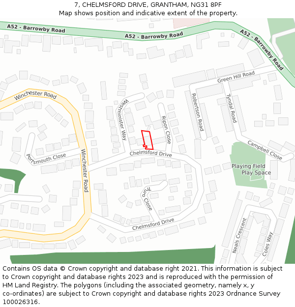 7, CHELMSFORD DRIVE, GRANTHAM, NG31 8PF: Location map and indicative extent of plot