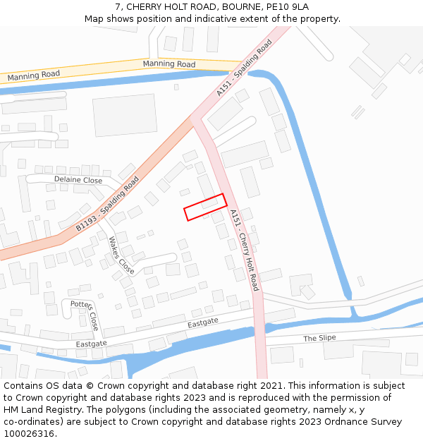 7, CHERRY HOLT ROAD, BOURNE, PE10 9LA: Location map and indicative extent of plot