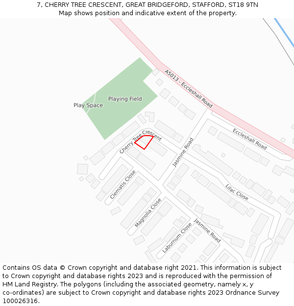 7, CHERRY TREE CRESCENT, GREAT BRIDGEFORD, STAFFORD, ST18 9TN: Location map and indicative extent of plot