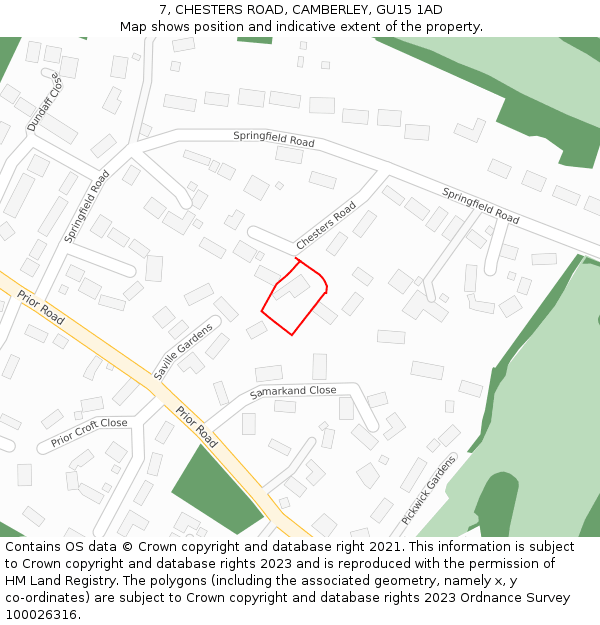 7, CHESTERS ROAD, CAMBERLEY, GU15 1AD: Location map and indicative extent of plot