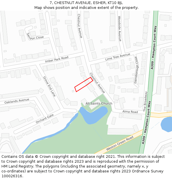 7, CHESTNUT AVENUE, ESHER, KT10 8JL: Location map and indicative extent of plot