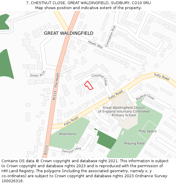 7, CHESTNUT CLOSE, GREAT WALDINGFIELD, SUDBURY, CO10 0RU: Location map and indicative extent of plot