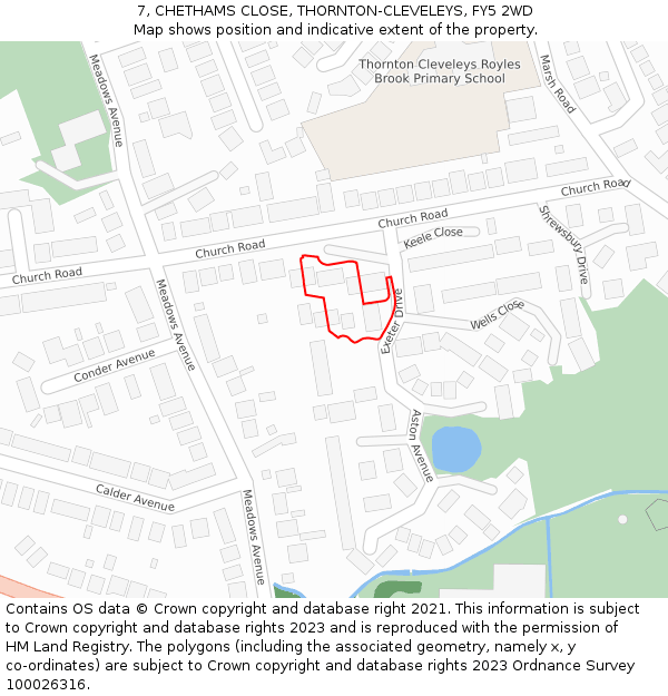 7, CHETHAMS CLOSE, THORNTON-CLEVELEYS, FY5 2WD: Location map and indicative extent of plot