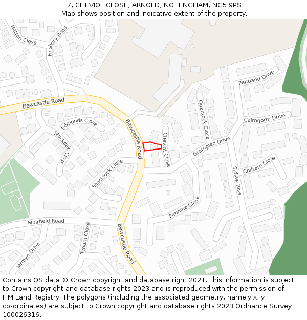 7, CHEVIOT CLOSE, ARNOLD, NOTTINGHAM, NG5 9PS: Location map and indicative extent of plot