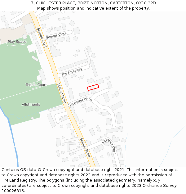 7, CHICHESTER PLACE, BRIZE NORTON, CARTERTON, OX18 3PD: Location map and indicative extent of plot