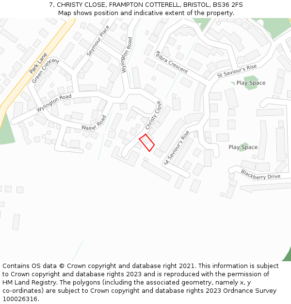 7, CHRISTY CLOSE, FRAMPTON COTTERELL, BRISTOL, BS36 2FS: Location map and indicative extent of plot