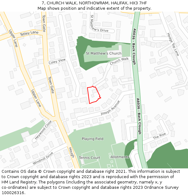 7, CHURCH WALK, NORTHOWRAM, HALIFAX, HX3 7HF: Location map and indicative extent of plot