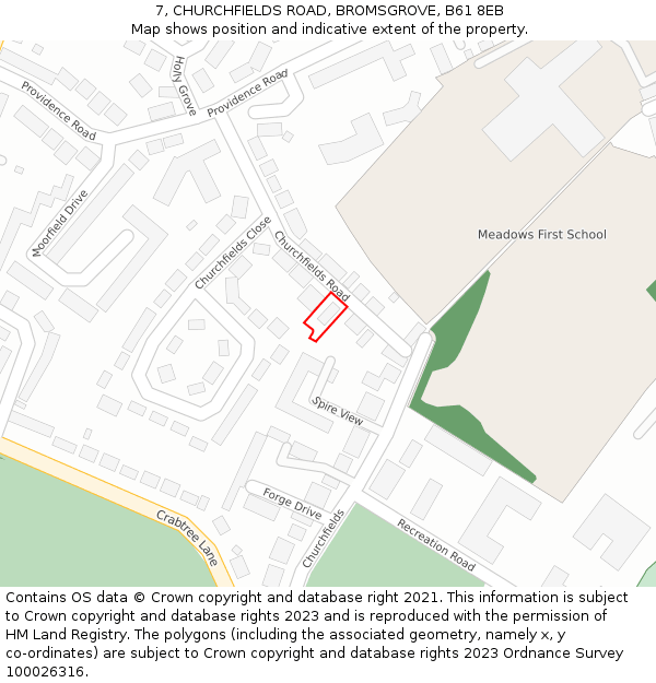 7, CHURCHFIELDS ROAD, BROMSGROVE, B61 8EB: Location map and indicative extent of plot