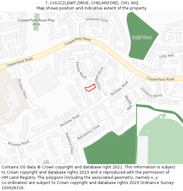 7, CHUZZLEWIT DRIVE, CHELMSFORD, CM1 4XQ: Location map and indicative extent of plot