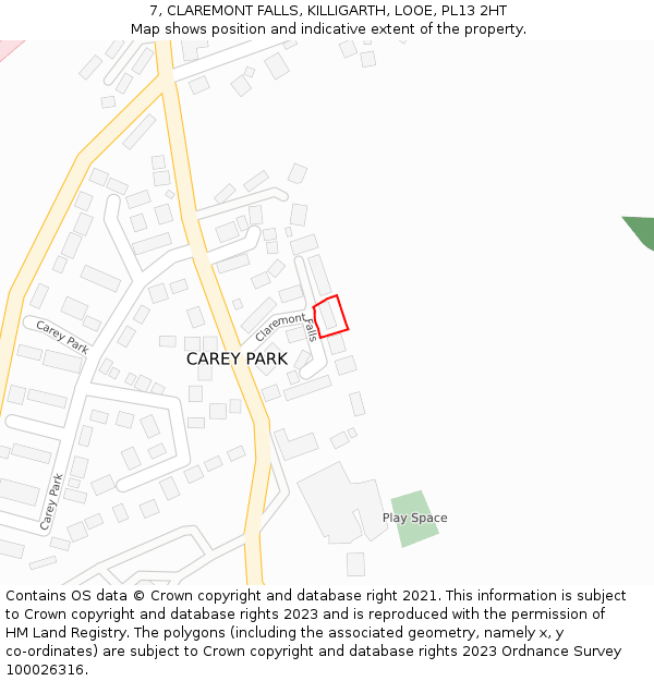 7, CLAREMONT FALLS, KILLIGARTH, LOOE, PL13 2HT: Location map and indicative extent of plot