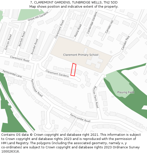 7, CLAREMONT GARDENS, TUNBRIDGE WELLS, TN2 5DD: Location map and indicative extent of plot