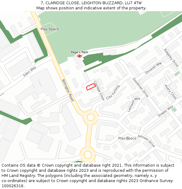 7, CLARIDGE CLOSE, LEIGHTON BUZZARD, LU7 4TW: Location map and indicative extent of plot