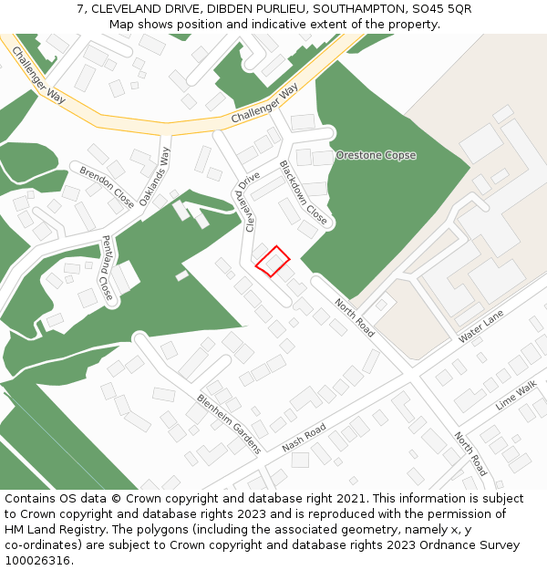 7, CLEVELAND DRIVE, DIBDEN PURLIEU, SOUTHAMPTON, SO45 5QR: Location map and indicative extent of plot